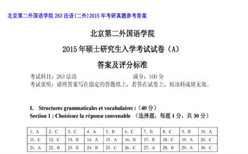 【初试】北京第二外国语学院《263法语（二外）》2015年考研真题参考答案