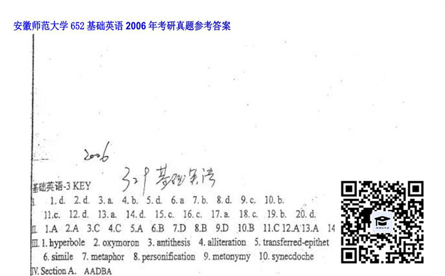 【初试】安徽师范大学《652基础英语》2006年考研真题参考答案