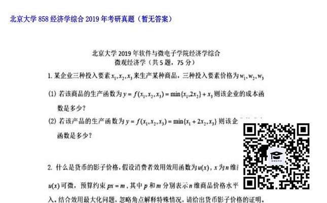 【初试】北京大学《858经济学综合》2019年考研真题（暂无答案）